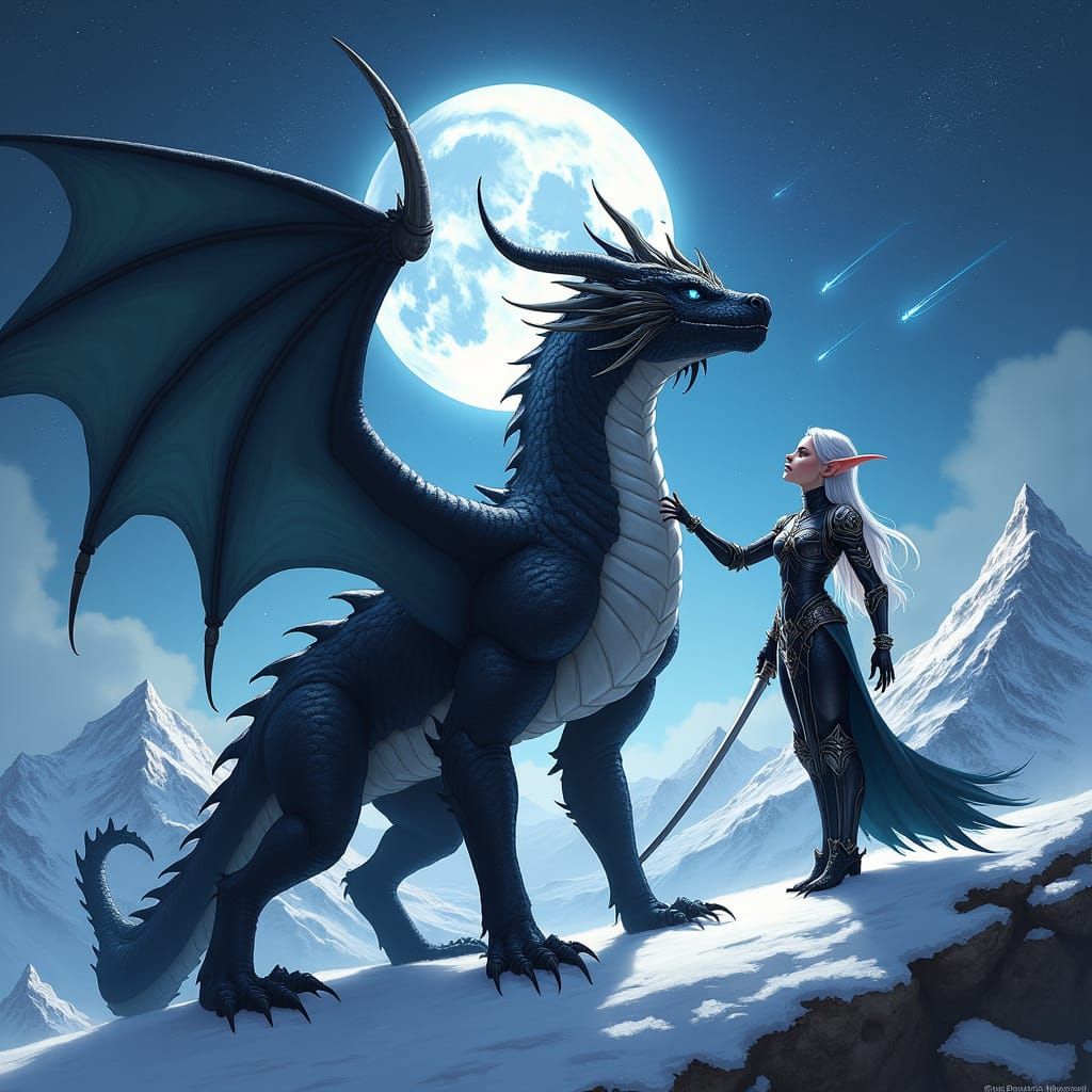 Dragon and Elf in Snowy Valley, Digital Art