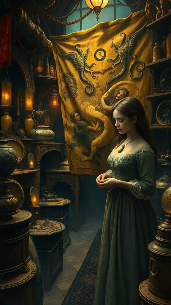 Whimsical Flea Market Scene in Mysterious, Gothic Style