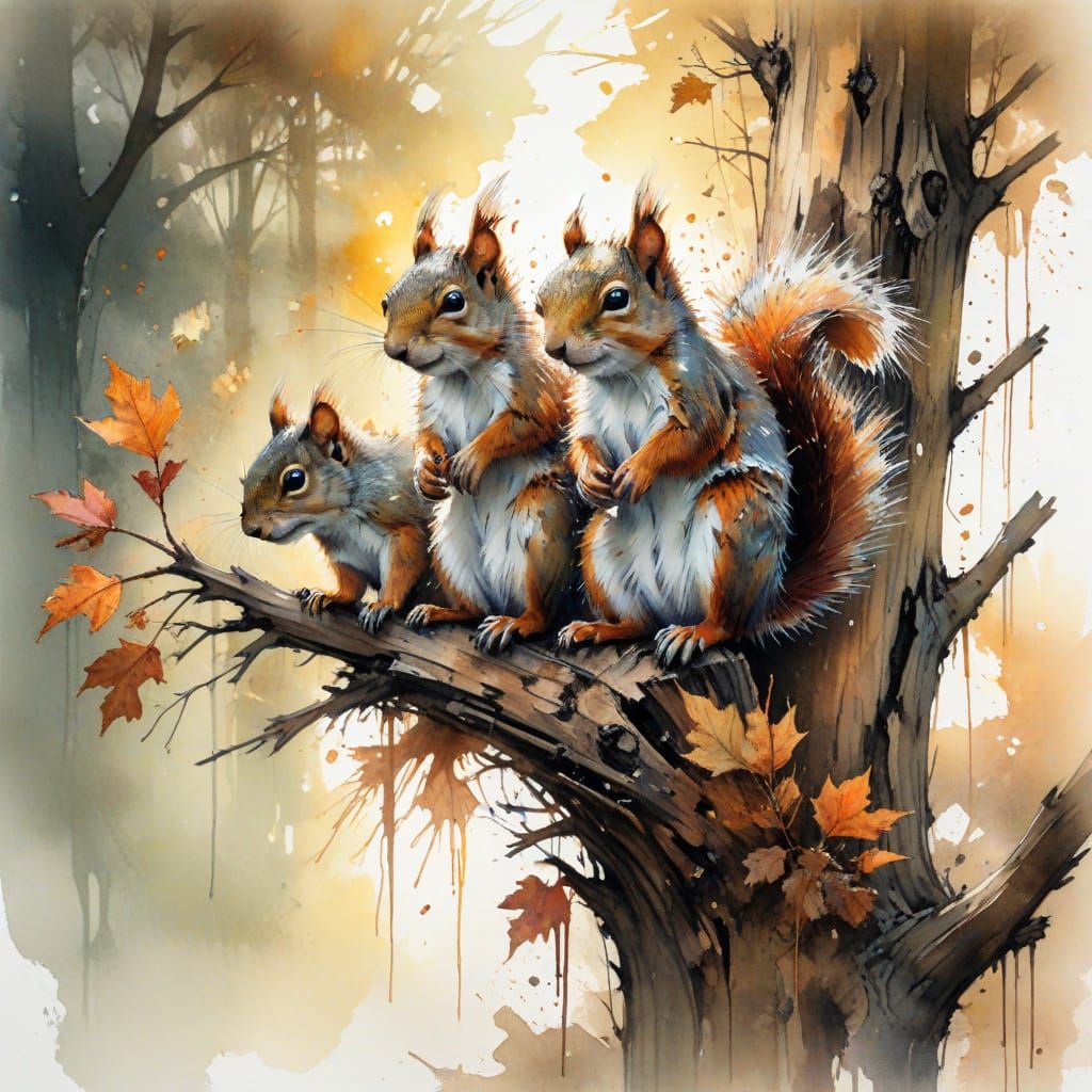Baby Squirrels on Autumn Branch