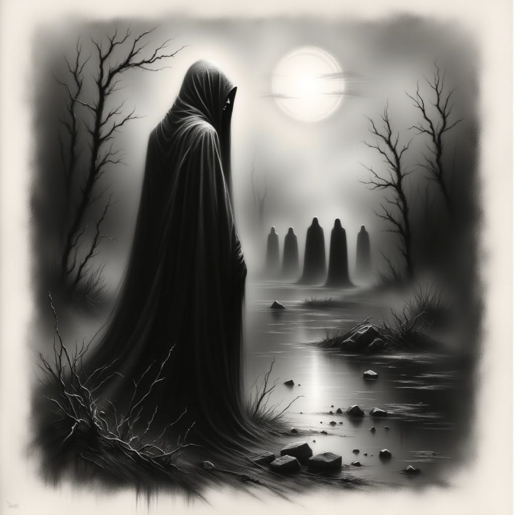 Solemn Figure Gazing Across River of Souls