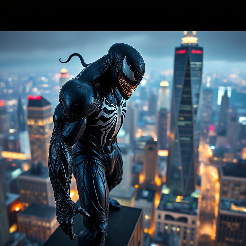 Symbiote Venom Dominates Cityscape in Hyperrealistic Style
