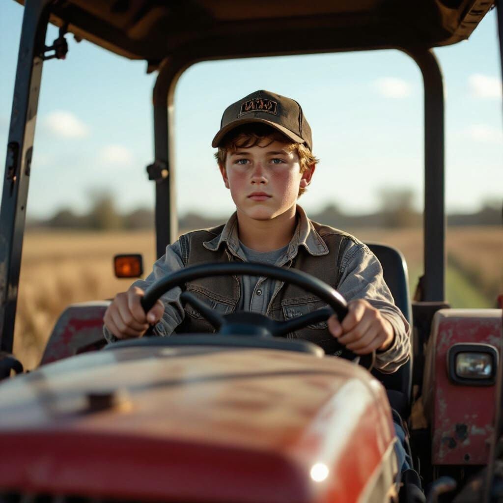 City Redneck Boy Drives Tractor in Cinematic Film Still