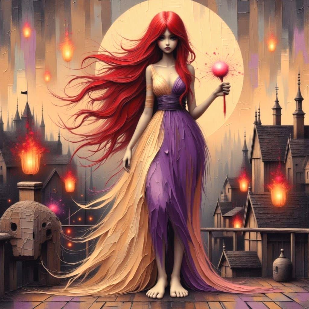 Goddess with Crimson Hair on Cathedral Rooftop