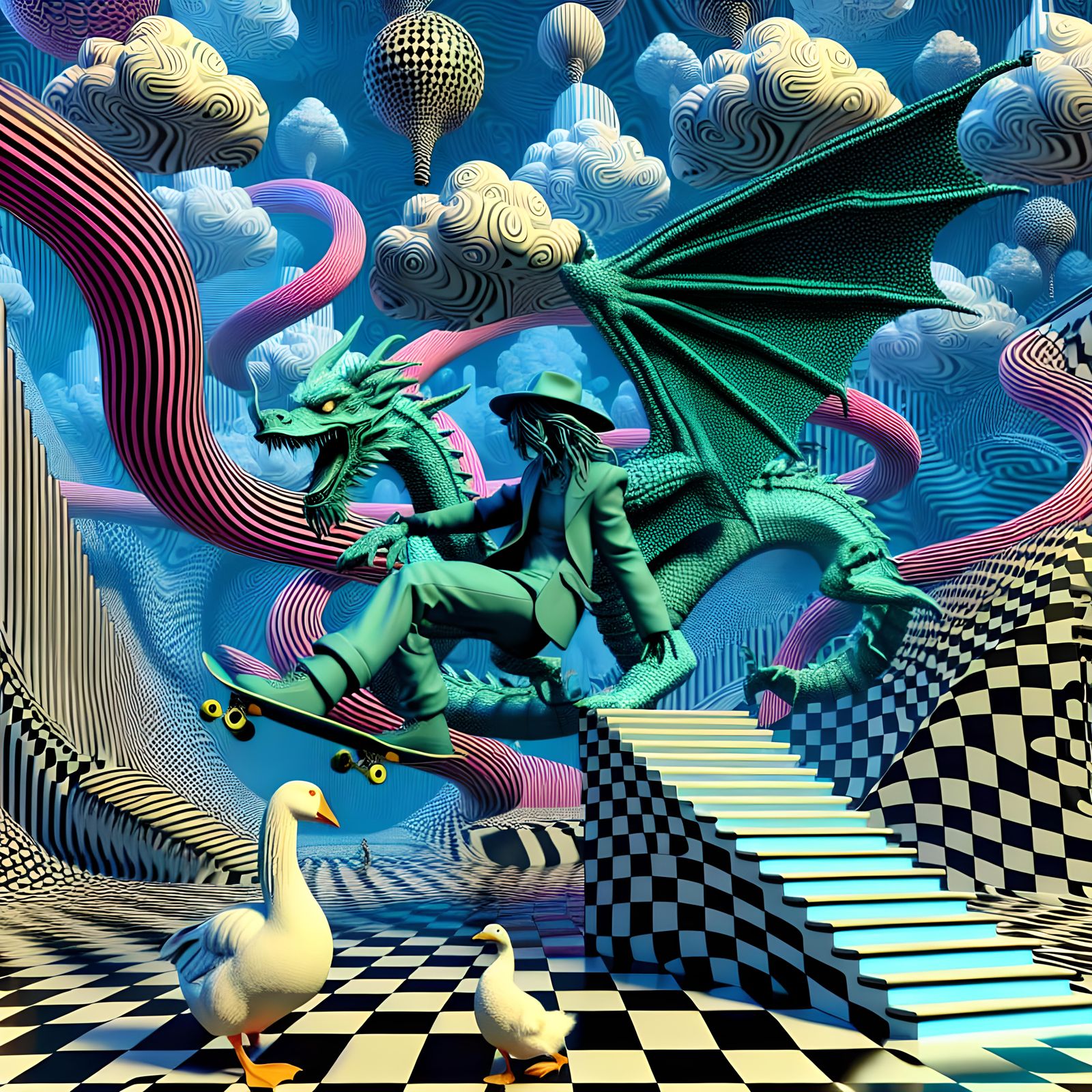 Surreal Skateboarding Dragon in Glassmorphism Style