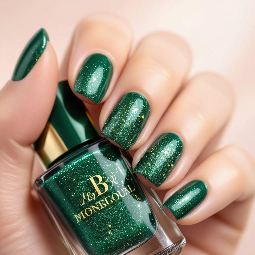 Elegant Emerald Green Manicure with Gold Flecks