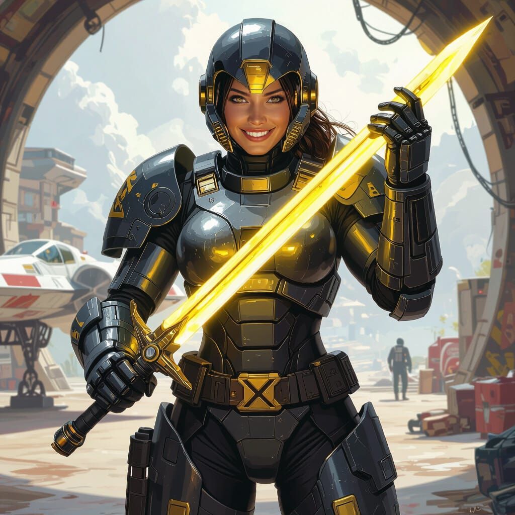 Warrior Woman Displays Glowing Sword in Power Armor
