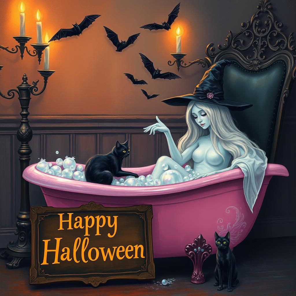 Ghostly Bubble Bath in Gothic Halloween Scene