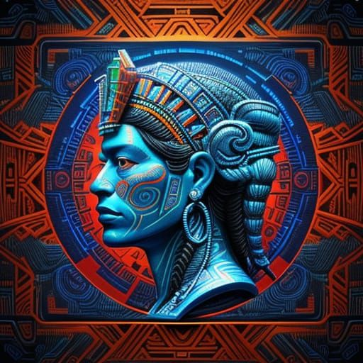 Mayan Person Gazes at Futuristic Technology in Digital Paint...