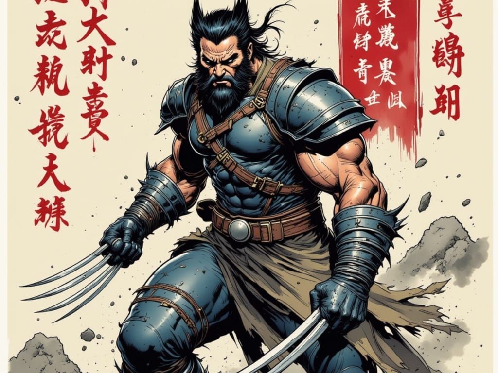 Armored Wolverine in Japanese Calligraphy Style