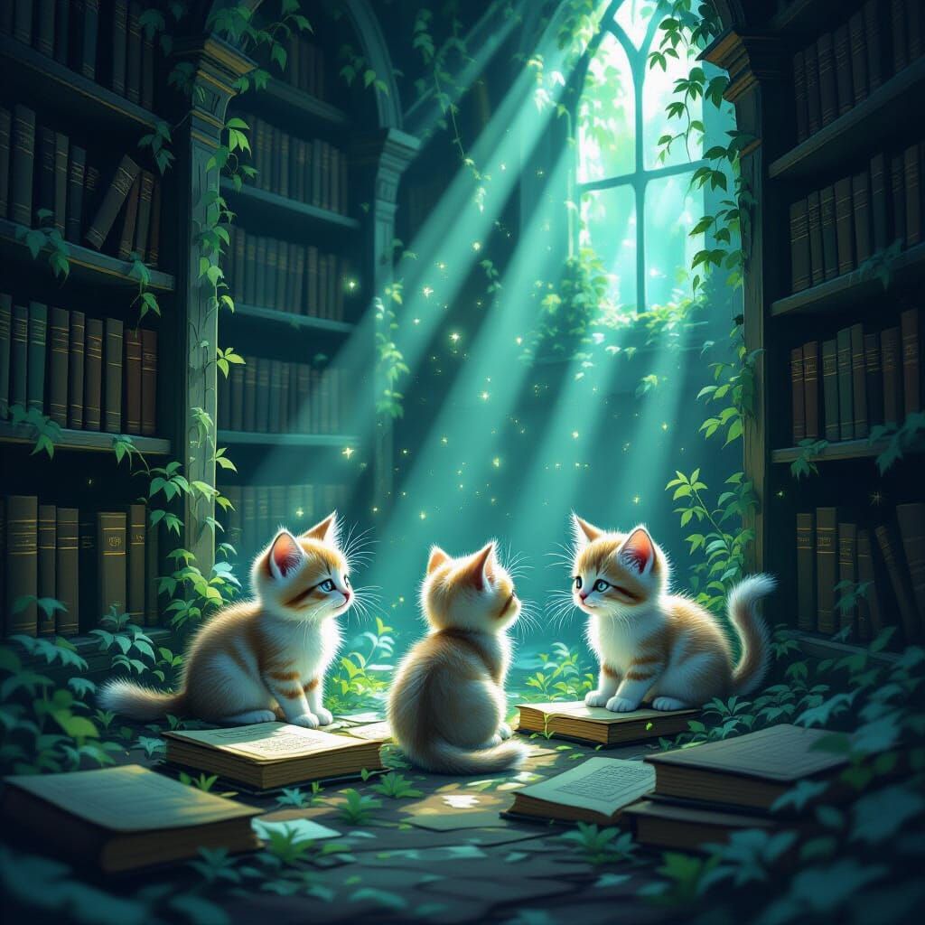 Bioluminescent Kittens in Enchanted Glowing Library