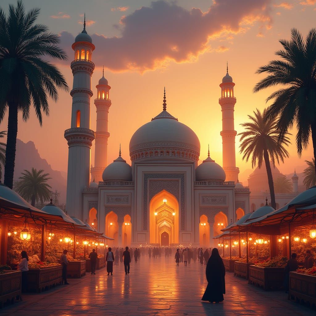 Inviting Mosque at Sunset in Persian Miniature Style