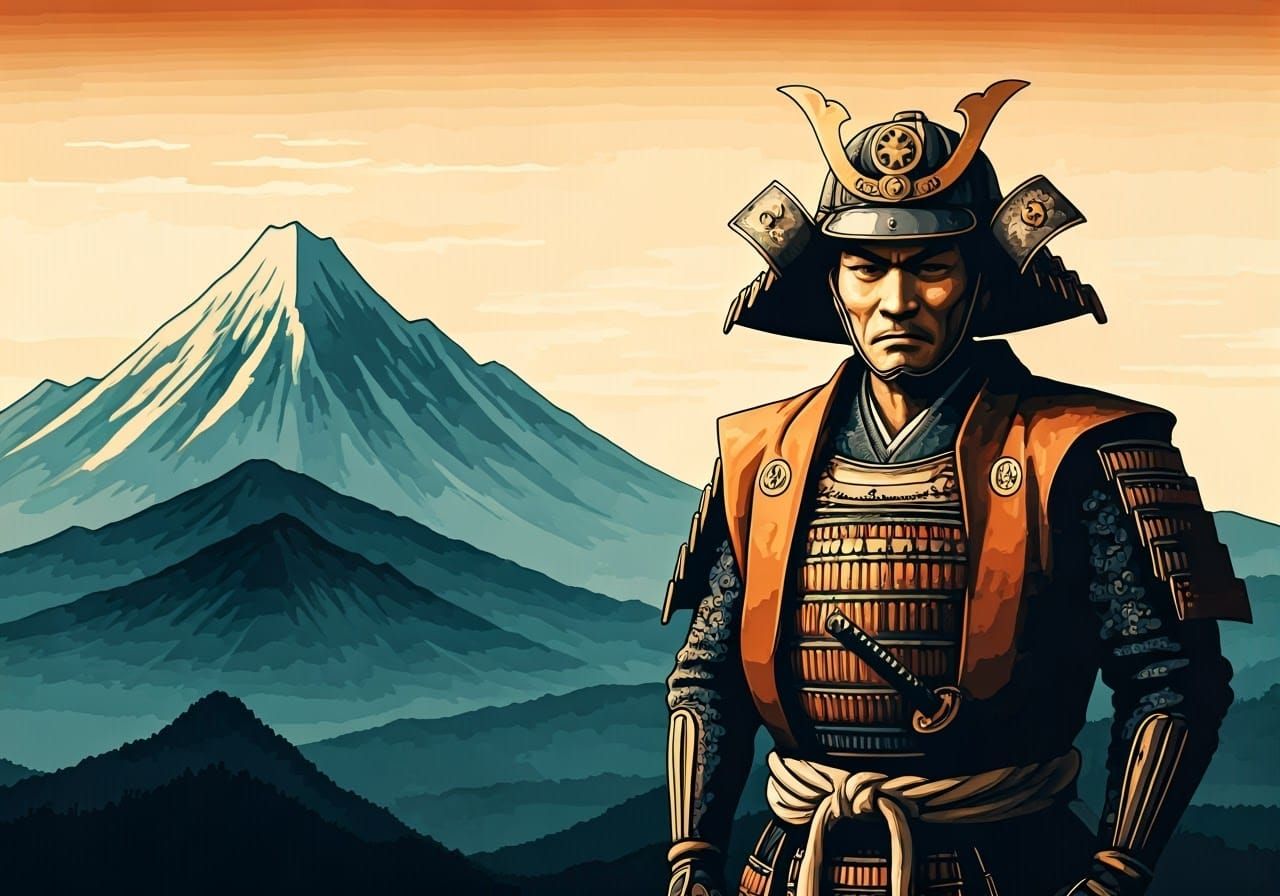 Noble Samurai in Ukiyo-e Style Landscape