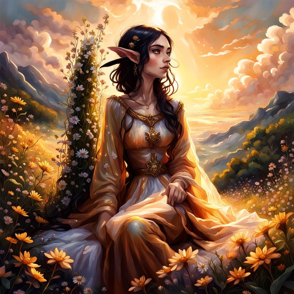 Elegantly Posed Elf in Radiant Wildflower Landscape