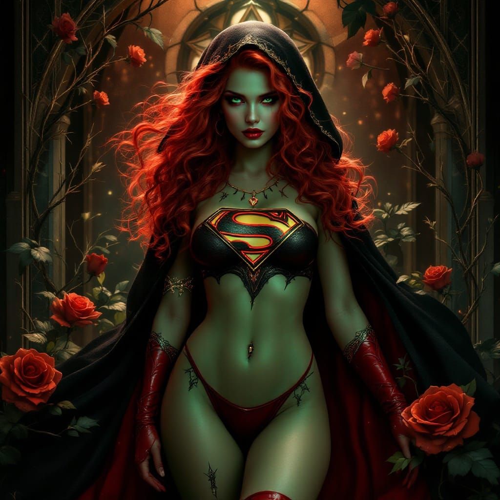 Gothic Supergirl as Poison Ivy in Red Hair and Green Skin