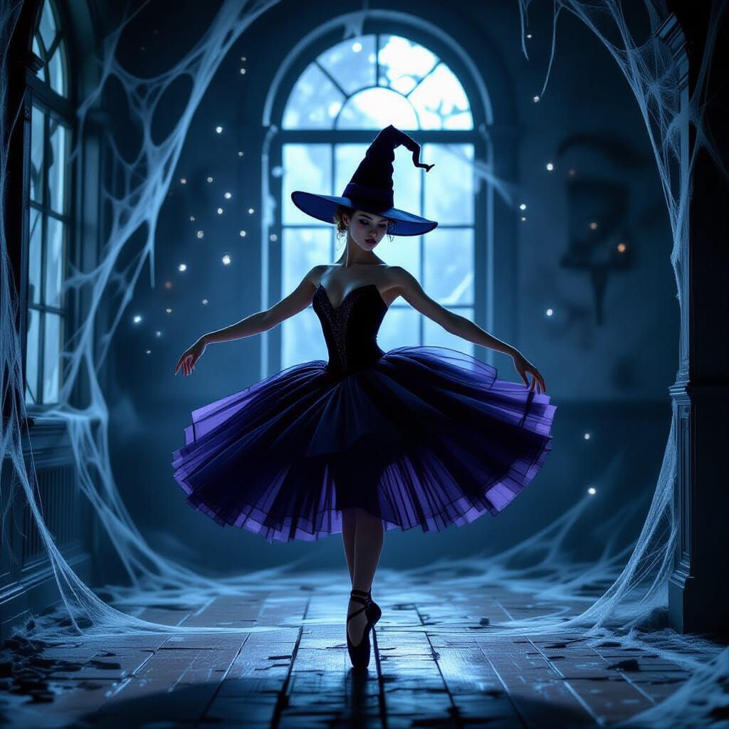 Ballerina Witch Dances in Eerie Moonlight Room