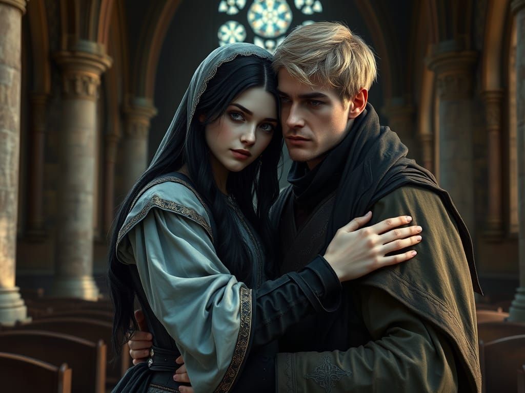 Medieval Maid and Servant Share a Tender Moment at Church