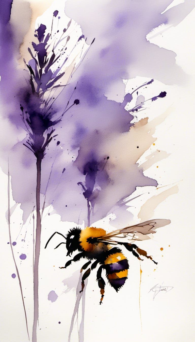 Bee Gathering Nectar: Minimalist Watercolor Painting