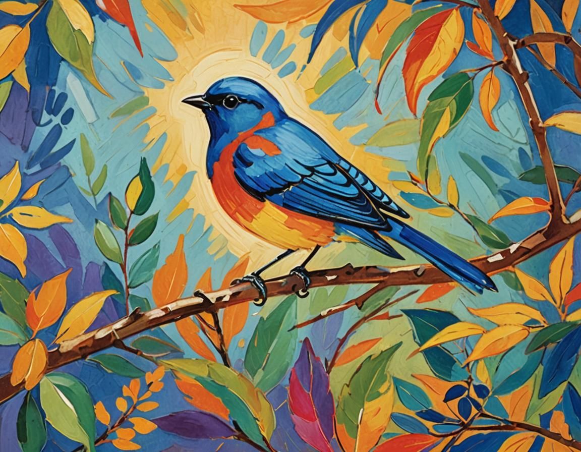 Fauvist Blue Bird on Branch: Close-Up
