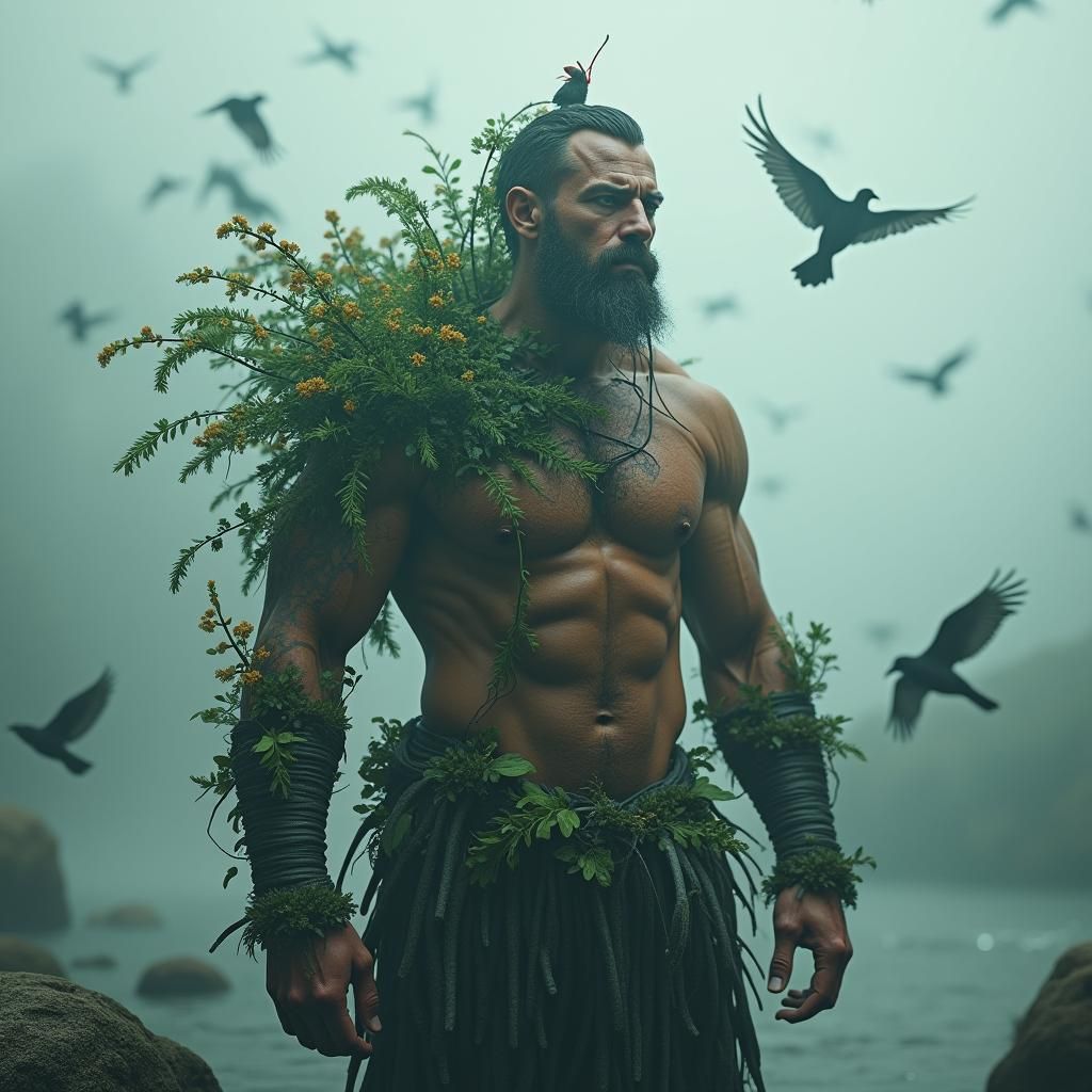 Mussel Man Surrounded by Birds, Atmospheric Concept Art