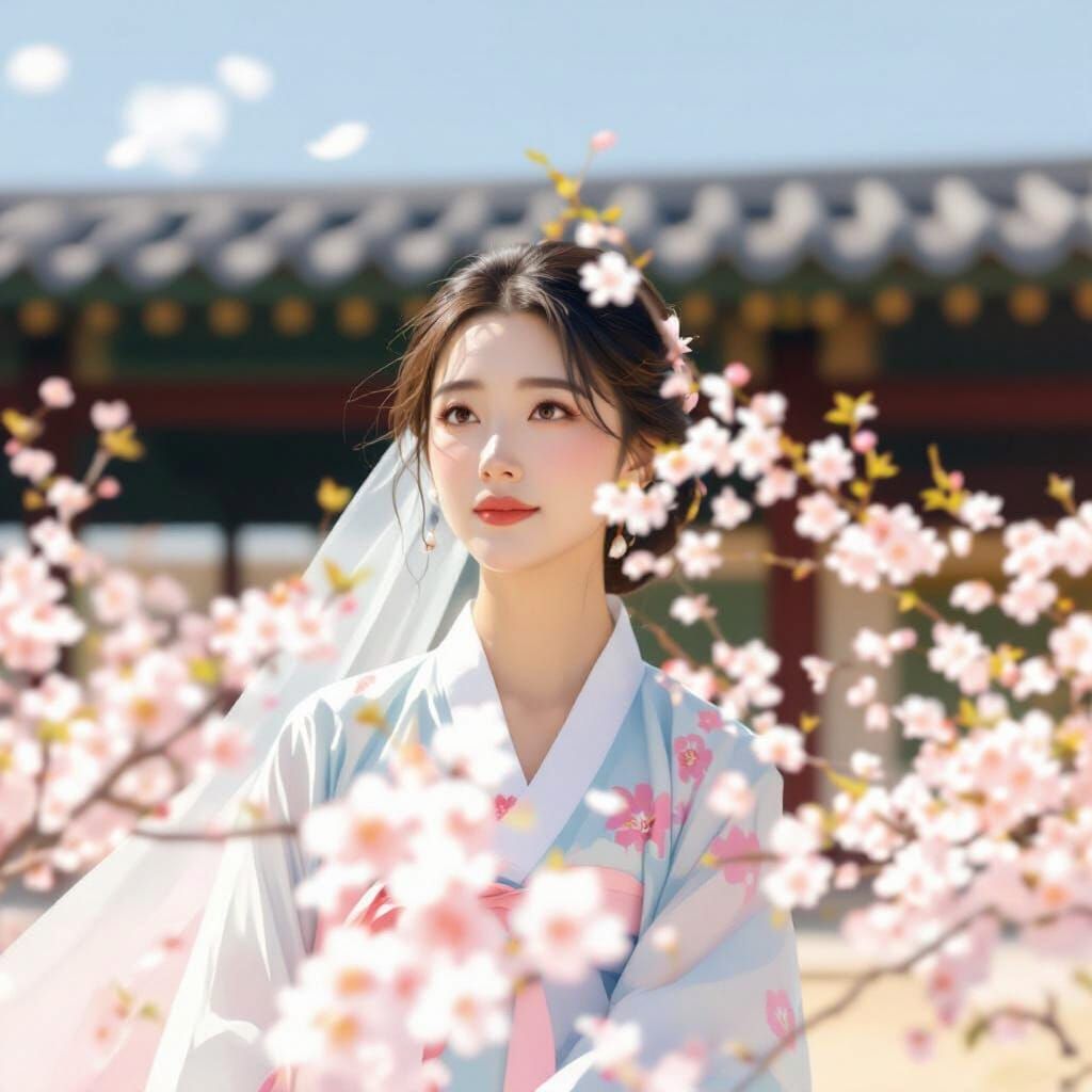 Woman in Blue & Pink Hanbok Amidst Cherry Blossoms