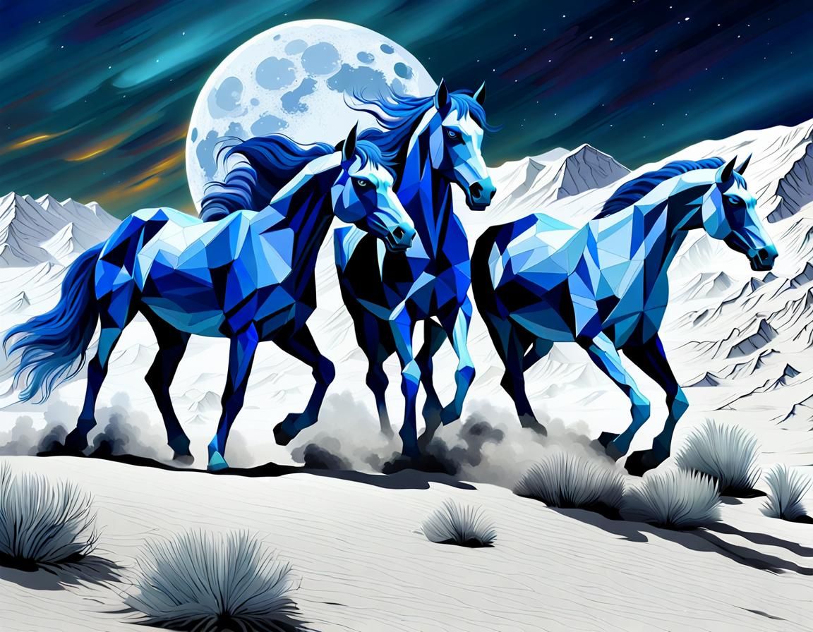 Blue Horses on Lunar Mountains: Hyperrealistic Art
