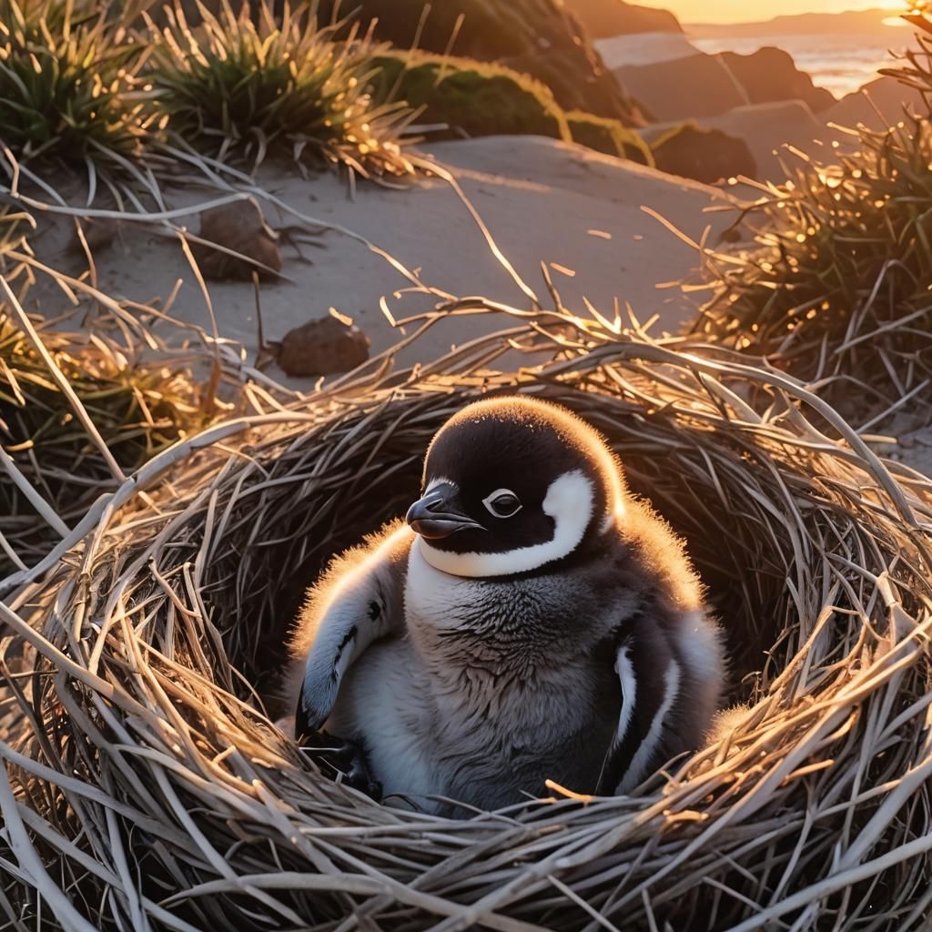 Cute Baby Penguin in Nest at Sunset