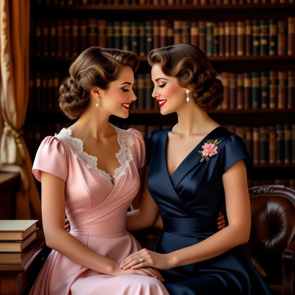 Elegant Women in Library: Vintage Hyperrealism