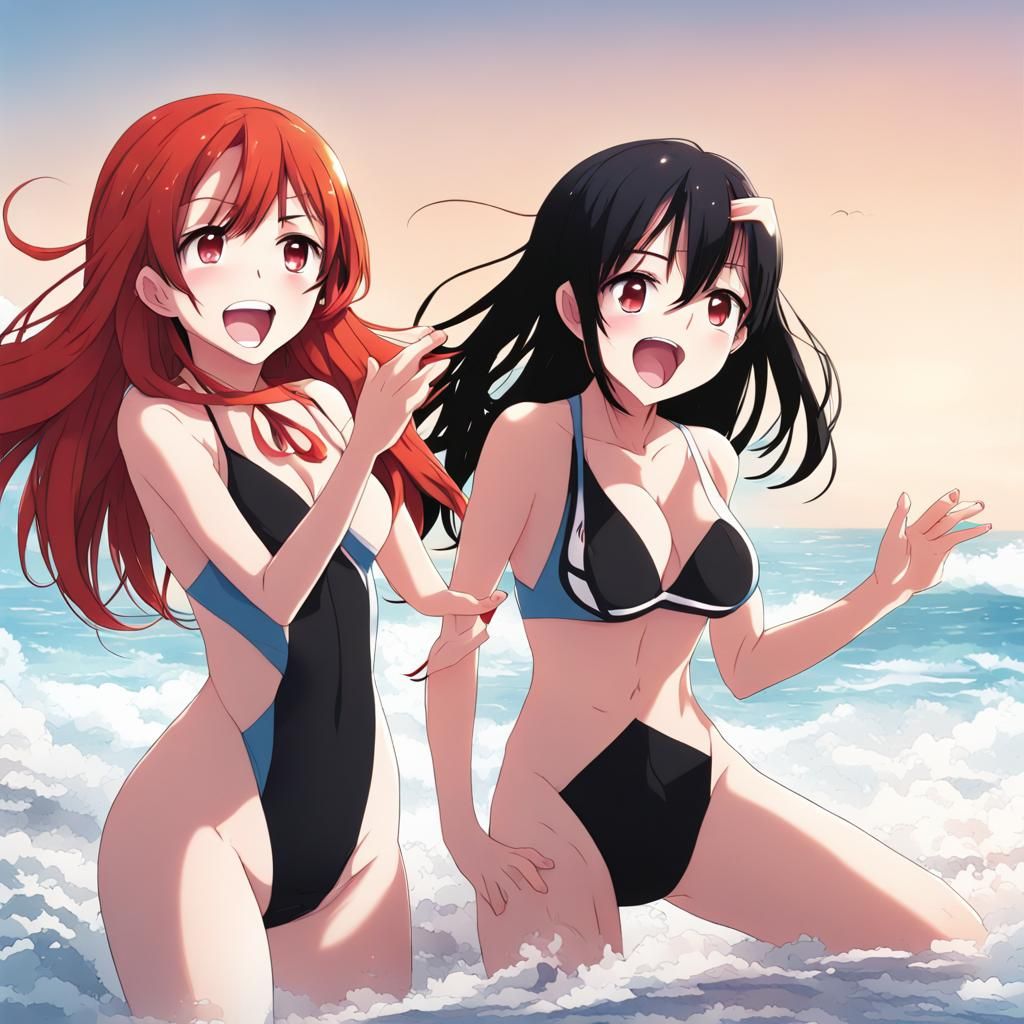 Anime Girls at the Beach with Red and Black Hair