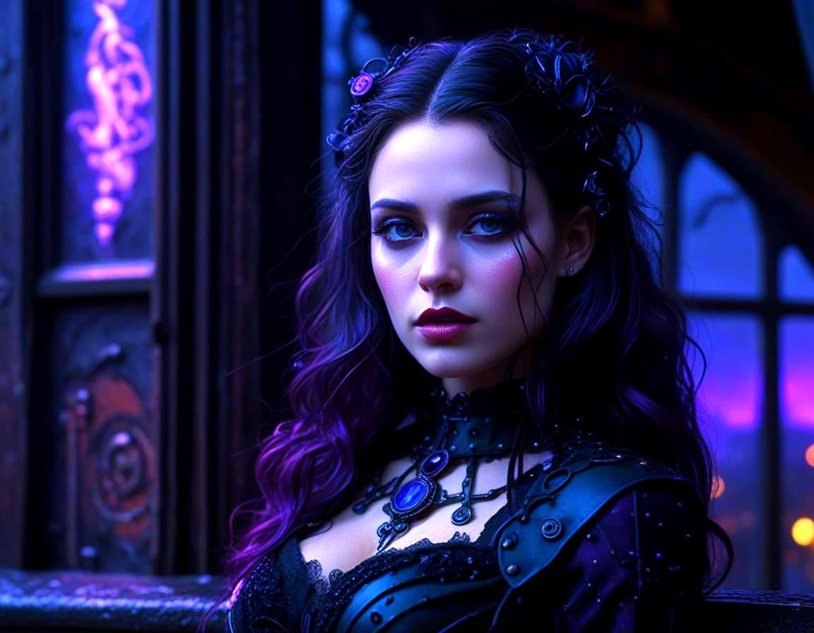 Gothic Woman Overlooking Steampunk City in Gothic Realism