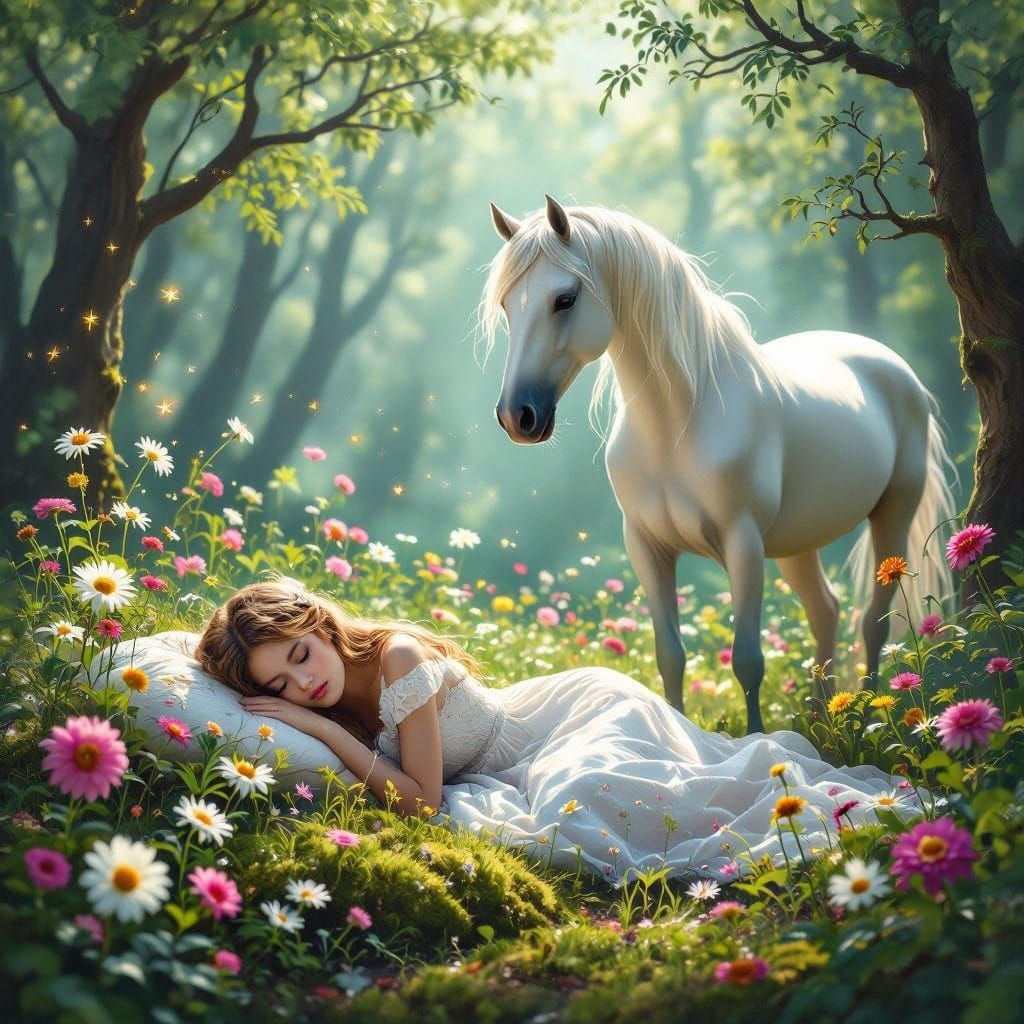 Whimsical Forest Scene with Enchanted Woman and Majestic Hor...