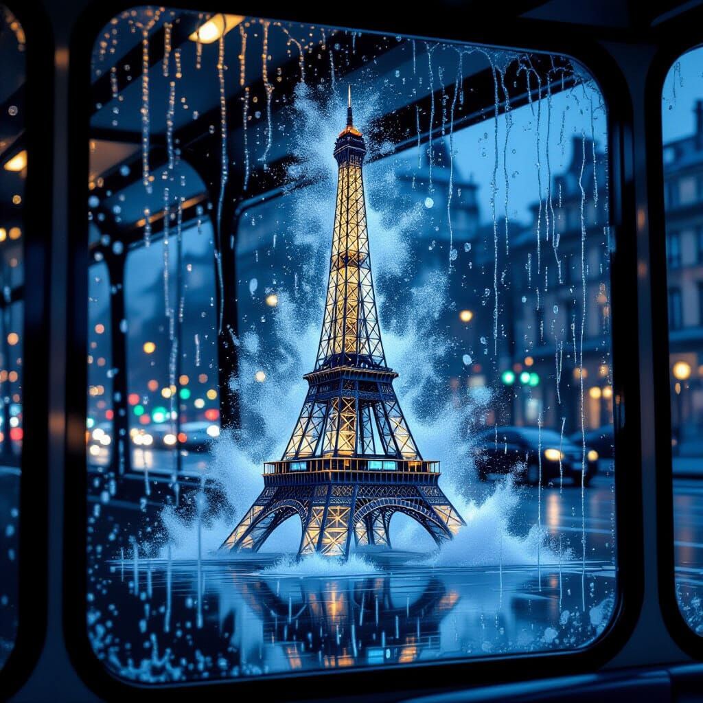 Eiffel Tower in Vapor on Bus Window Art