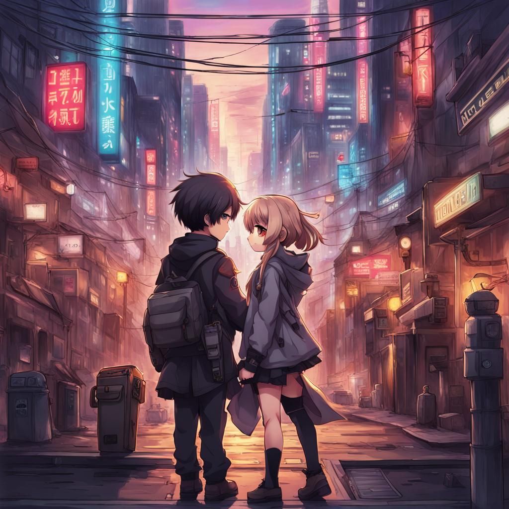 Chibi Girl Falling in Love in Cyberpunk Anime Style