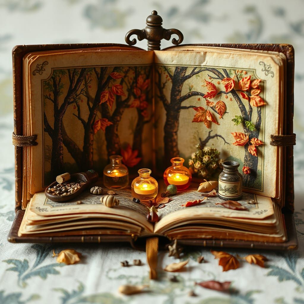 Enchanted Forest Book Scene with Magical Potions