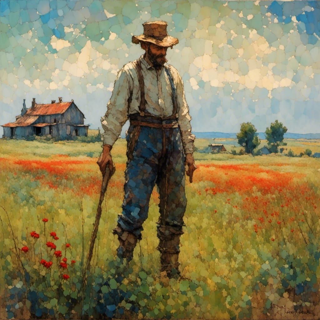 Farmer in Countryside, Pointillist Style