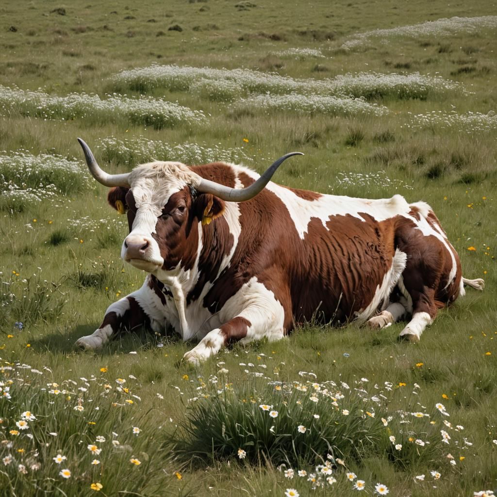 Resting Hereford Bull in Grassy Field