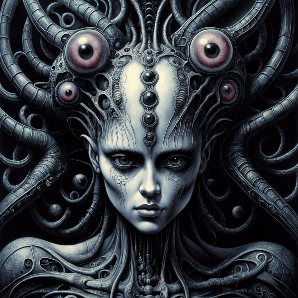 Biomechanical Creature Made of Hearts and Eyes