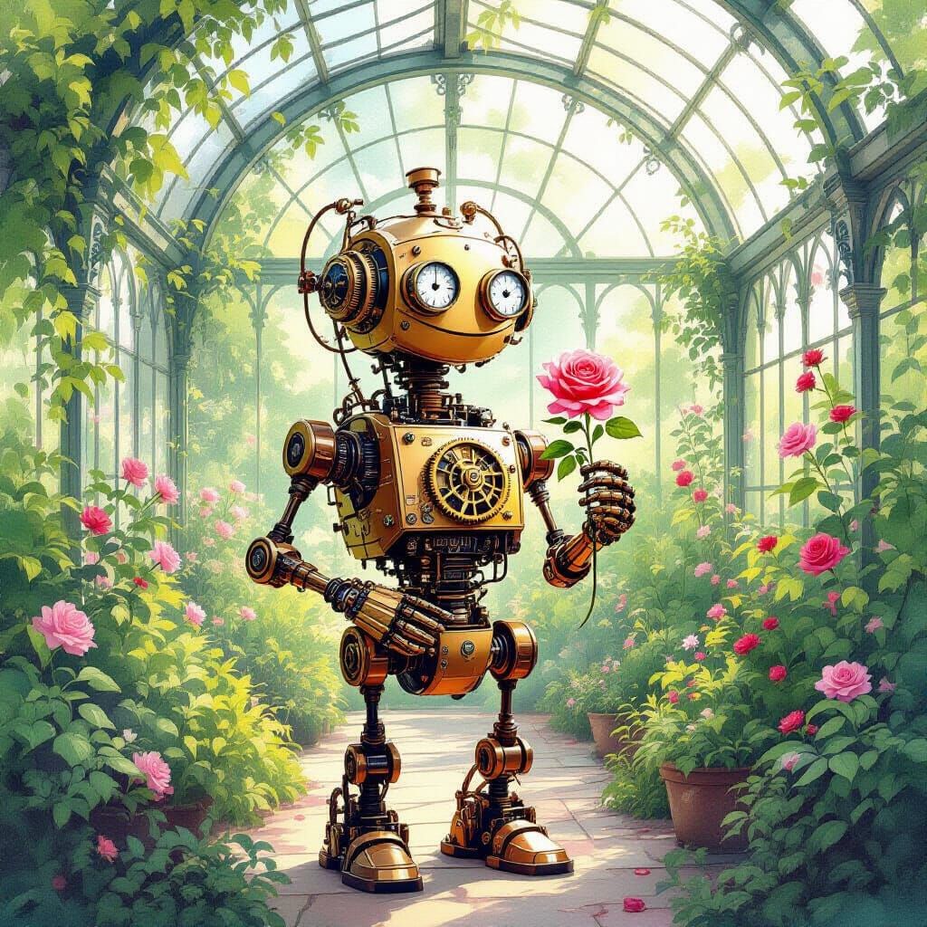 Clockwork Automaton in Victorian Greenhouse Watercolor