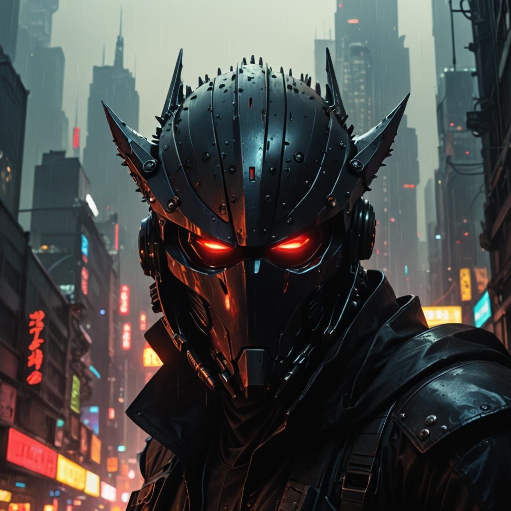 Cybernetic Assassin in Dystopian Cityscape