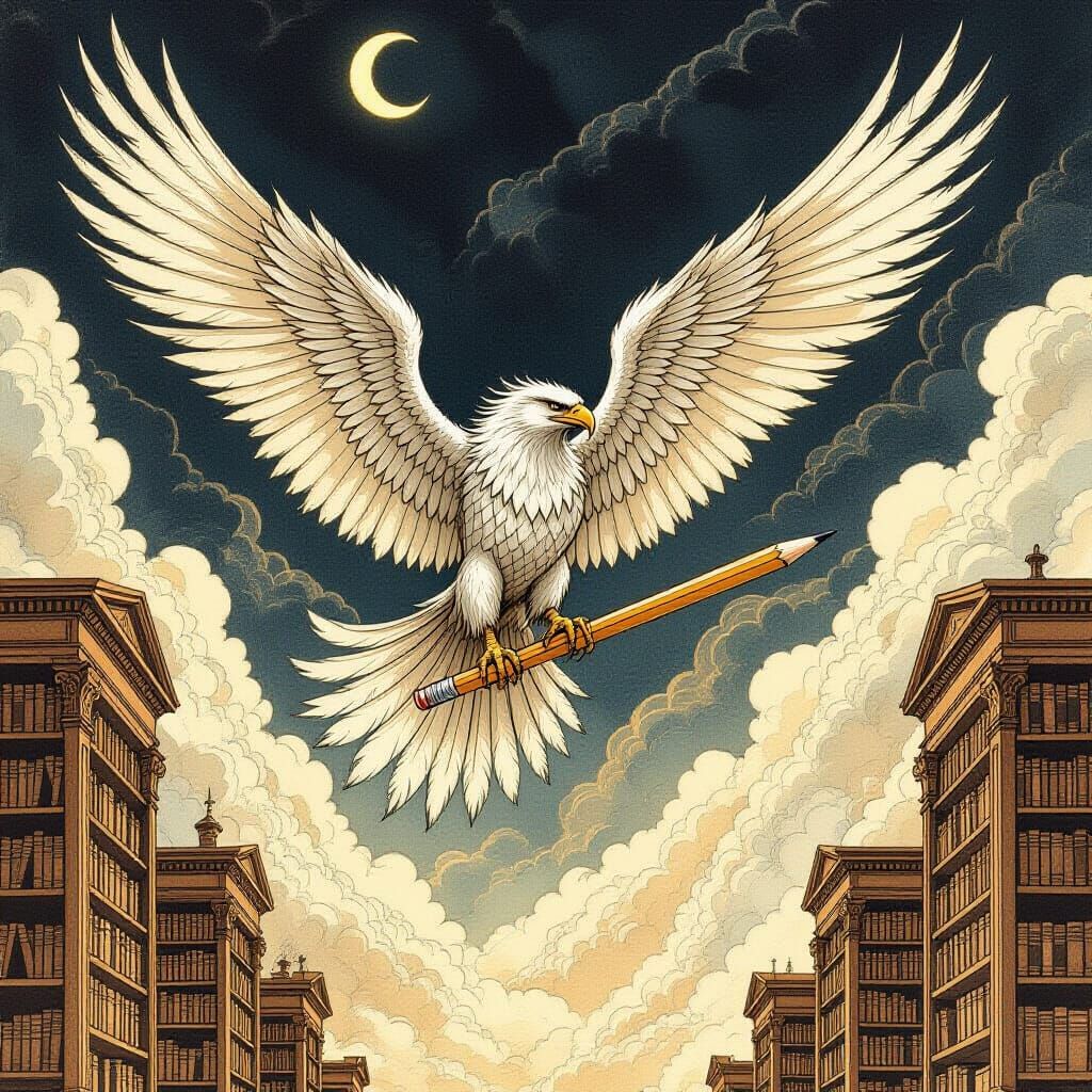 Griffin of Pencil and Parchment Soars Through Ink Clouds