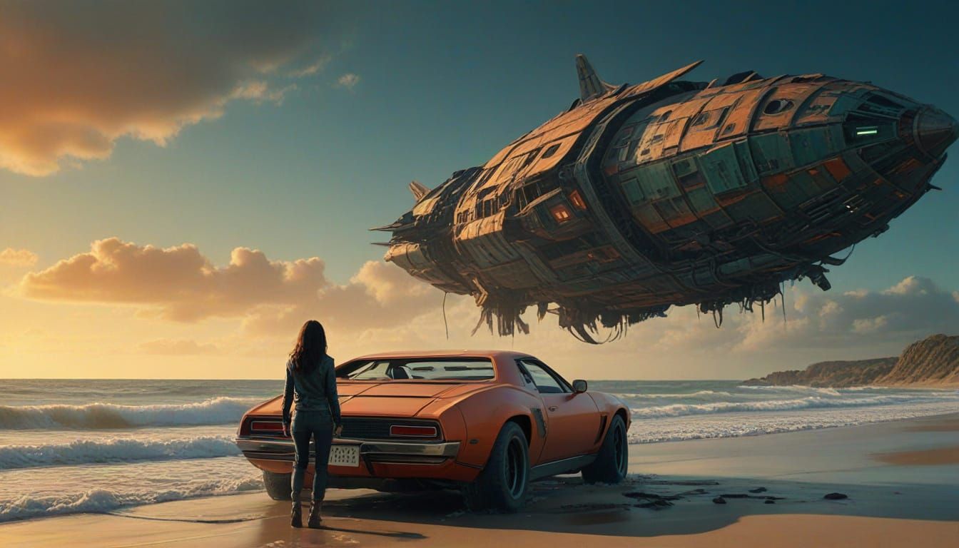 A beautiful brunette watches from the beach as a space ark and its towing vehicle  mile long badly damaged starship in h...