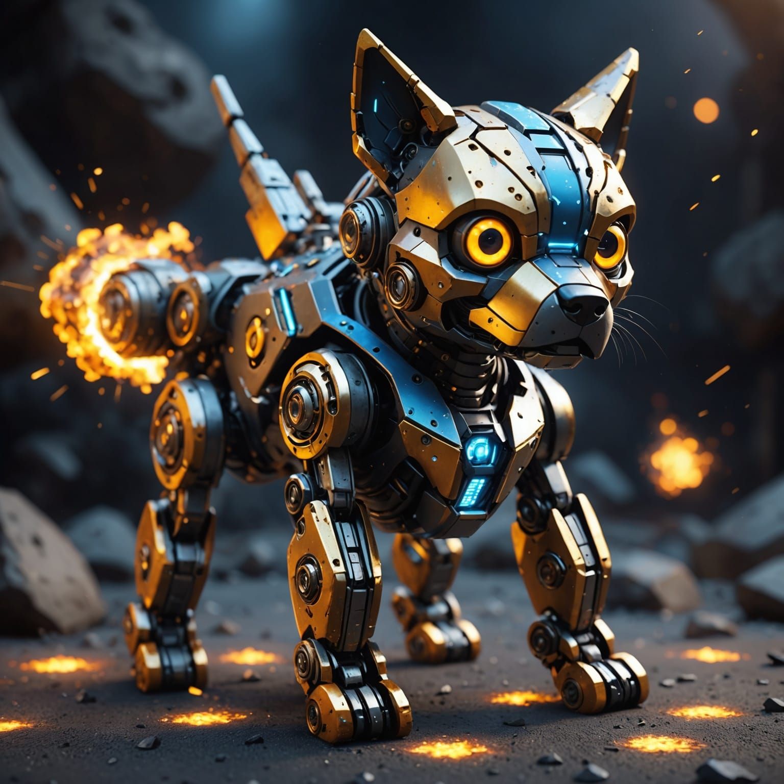 Golden Rusted Robot Dog in Chaotic Scene