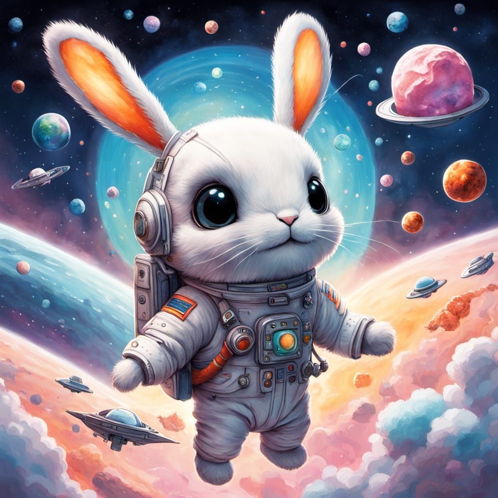 Whimsical Bunny Pilots Spaceship through Pastel Nebula