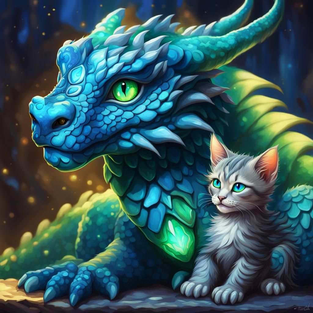 Blue Gemstone Dragon Cuddling Kitten: Hyperrealistic Art