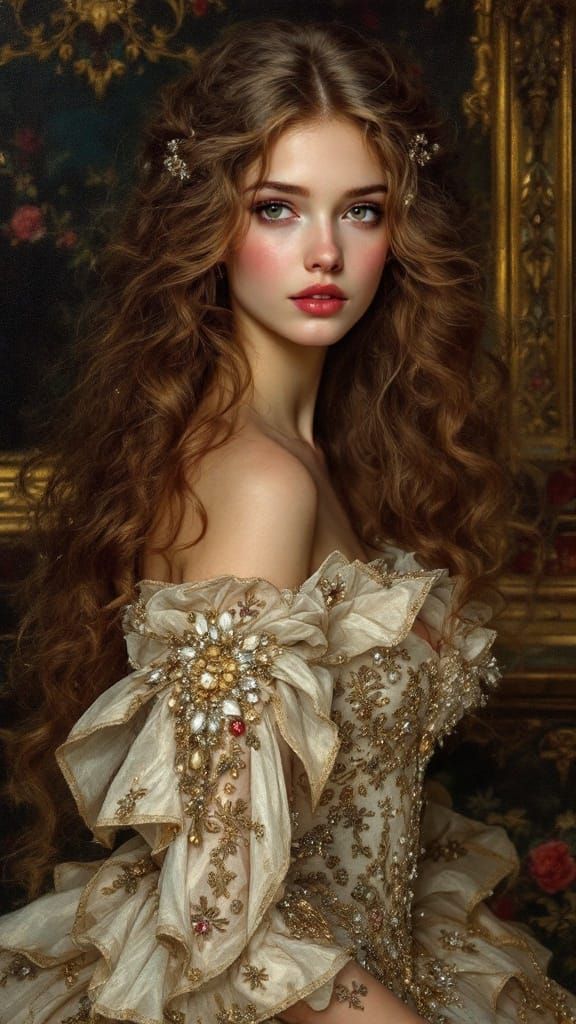 Ethereal Young Woman in Ornate Ballgown, Pre Raphaelite Styl...