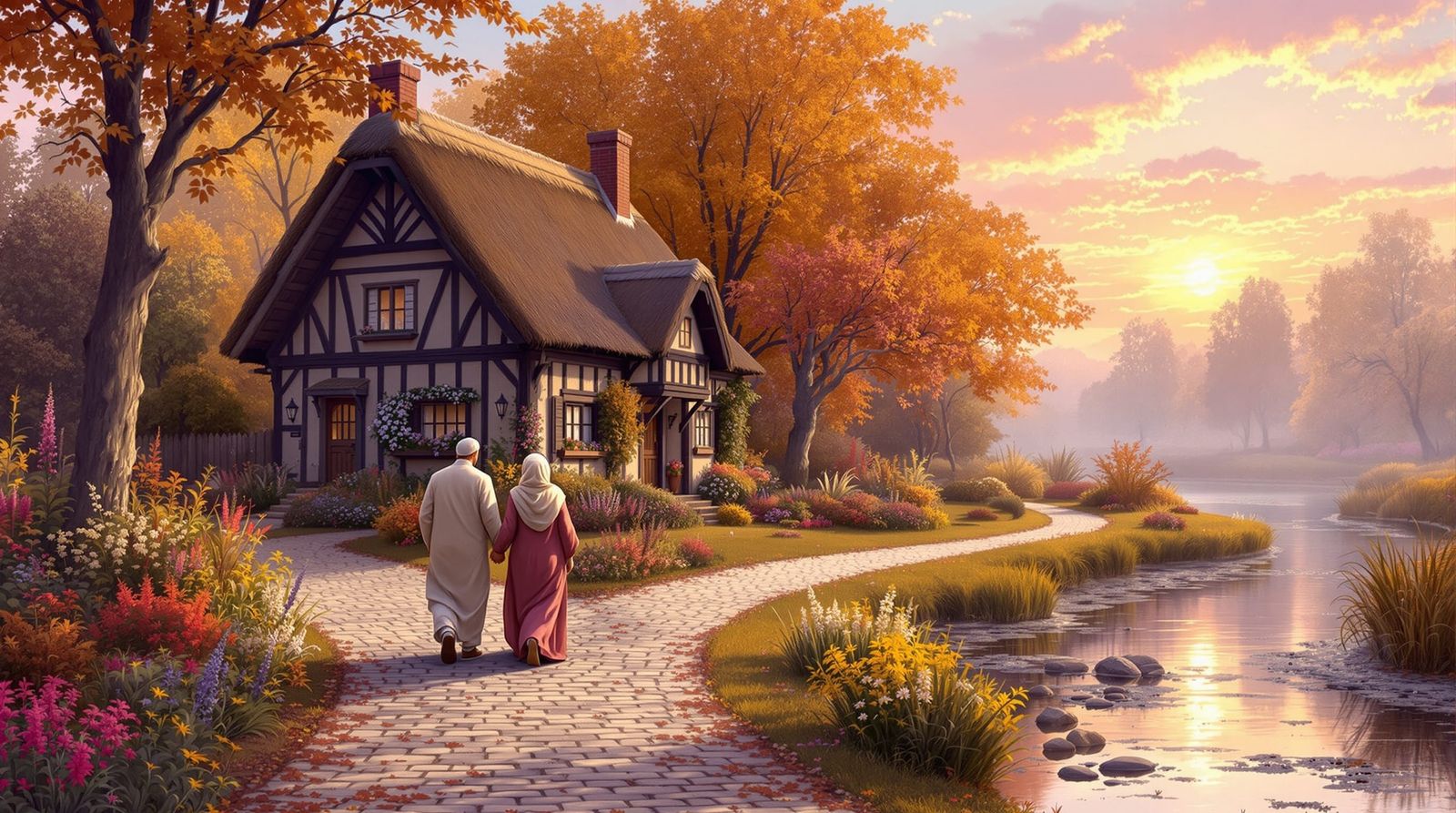 Romantic Autumn Stroll: Impressionistic River Scene