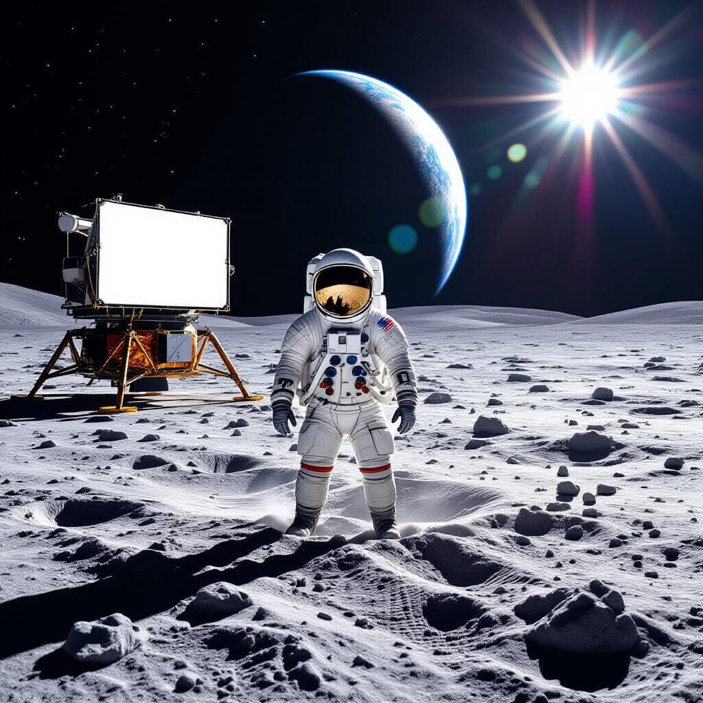 Astronaut on Moon with Earth and Blank Billboard
