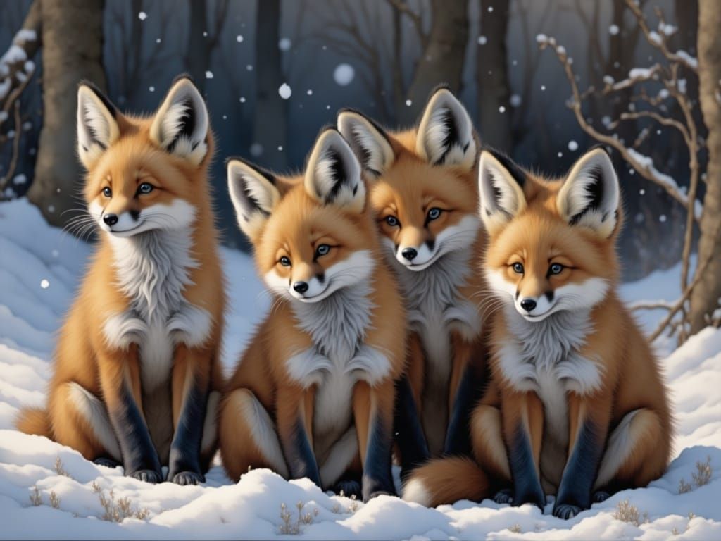Cute Fox Cubs Explore Winter Wonderland in Snowy Dawn