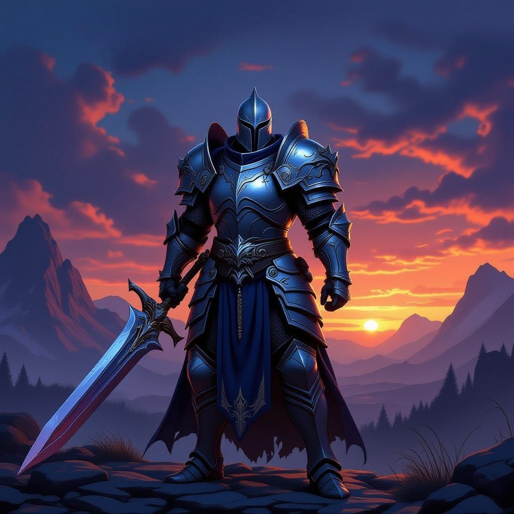 Paladin Crusader in Silver Armor at Twilight