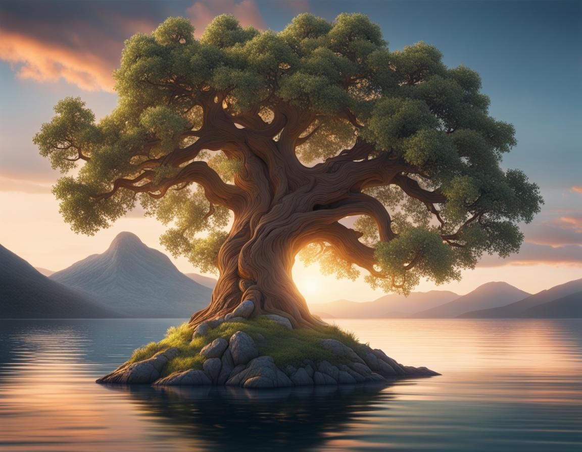 Enchanted Oak Tree at Magic Hour on Island