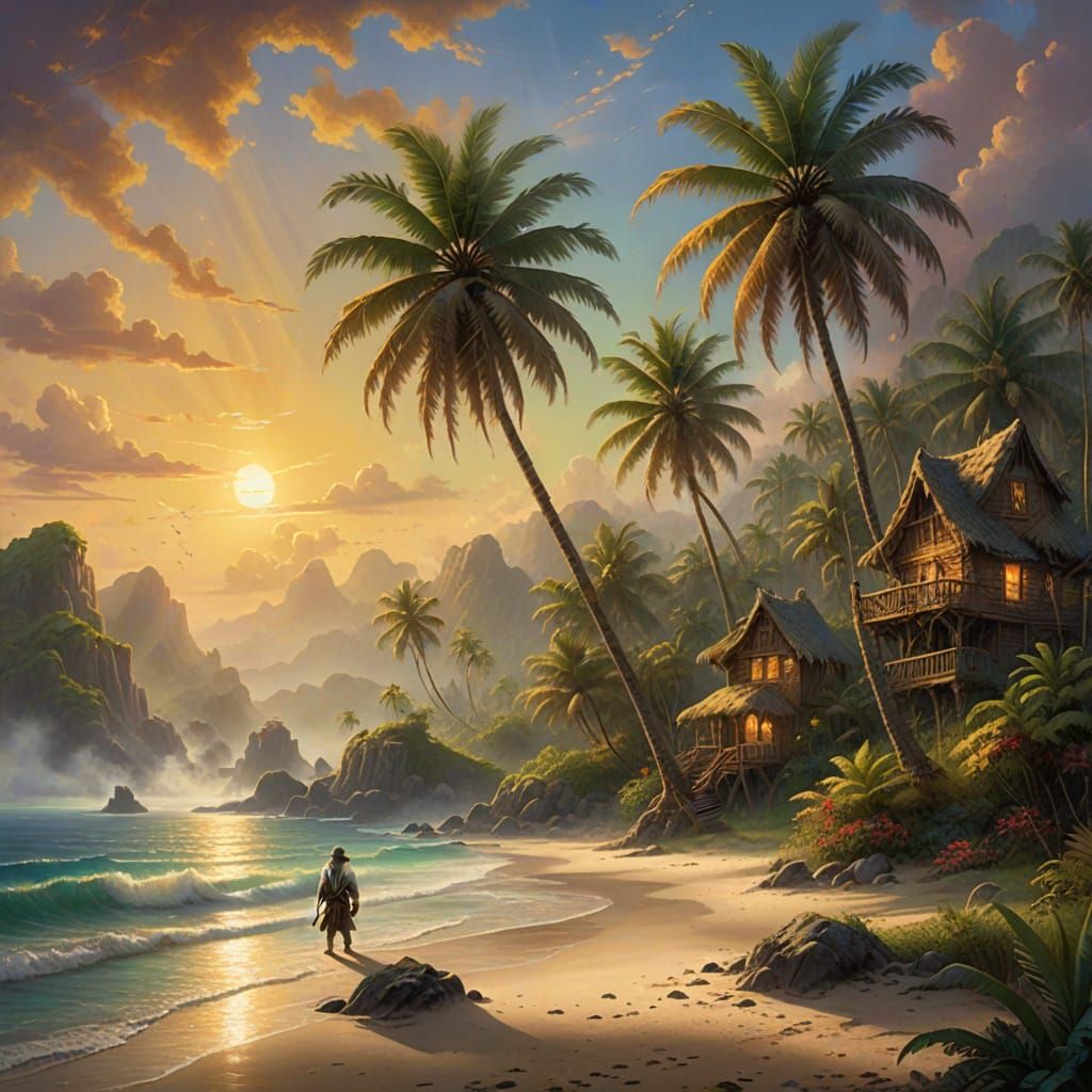 Robinson Crusoe in Whimsical Thomas Kinkade Style